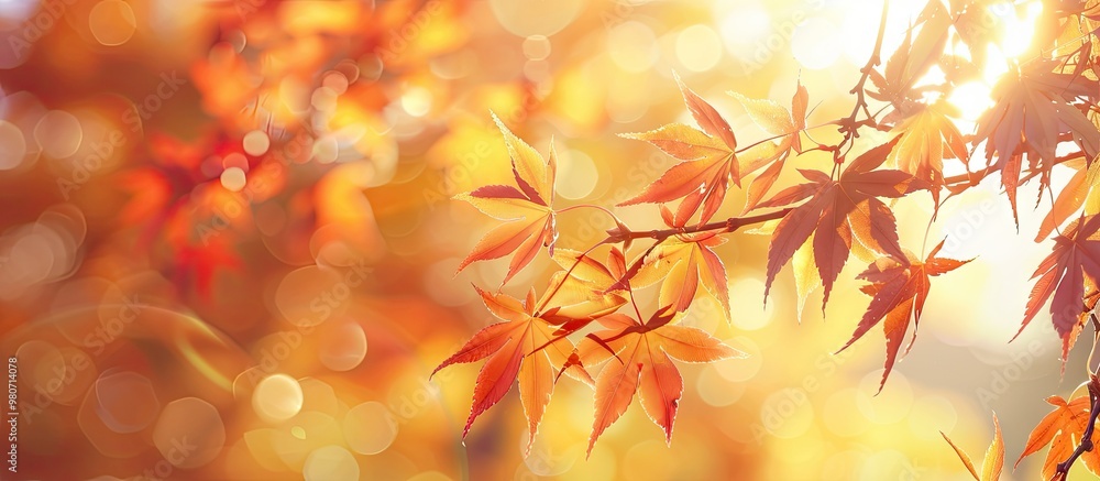Poster a maple tree branch with autumn colors against a clear sunny sky with a blurred background of bright
