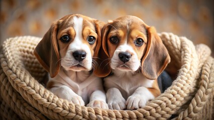 Two beagle puppies snuggle together in a warm, sunlit room, their big brown eyes shining with innocence and