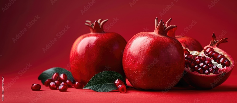 Poster Red apples and a ripe pomegranate displayed on a red backdrop with ample copy space image