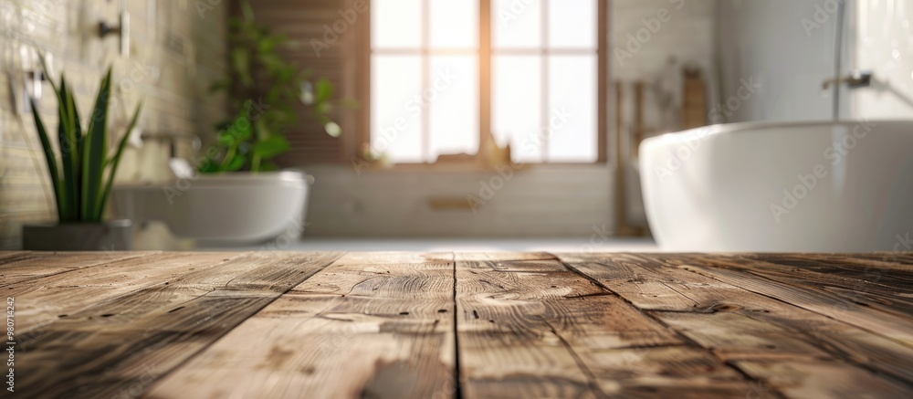 Poster a wooden table with no items on it and a blurred bathroom in the background perfect for a copy space
