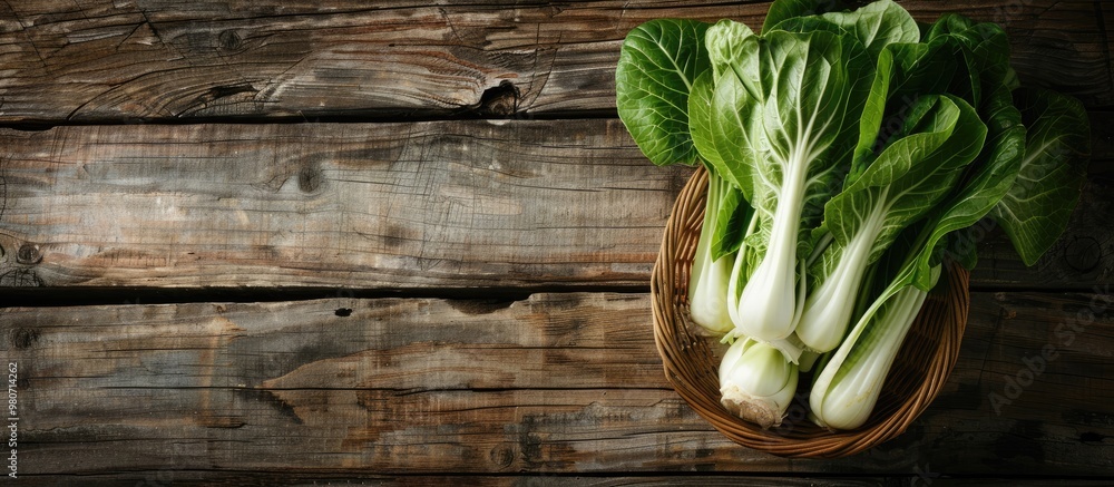 Poster bok choy displayed on a rustic wooden table with copy space image