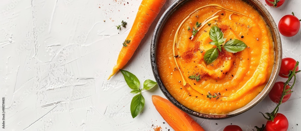 Aufkleber top view of a ceramic bowl with carrot puree soup garnished with fresh carrots and tomatoes displaye