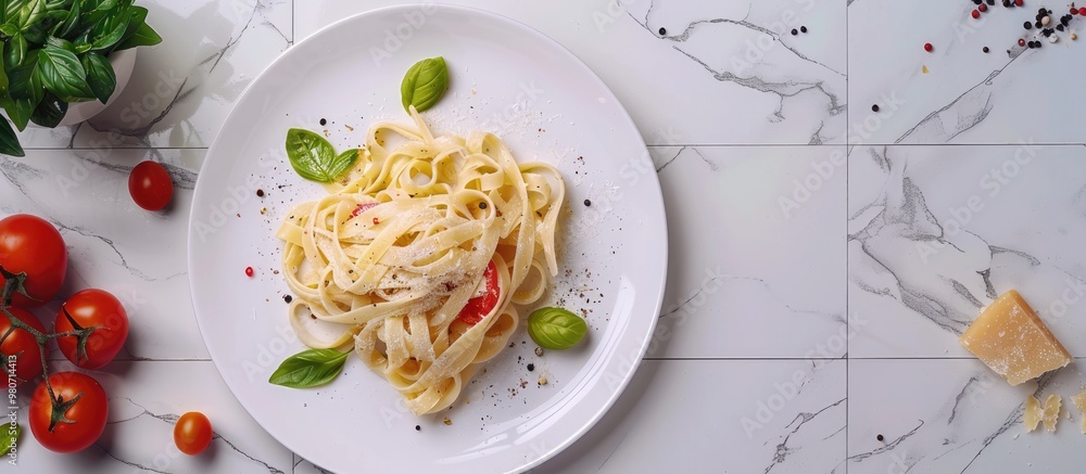 Poster top down view of delicious pasta adorned with tomato cheese and basil displayed on a white tiled sur