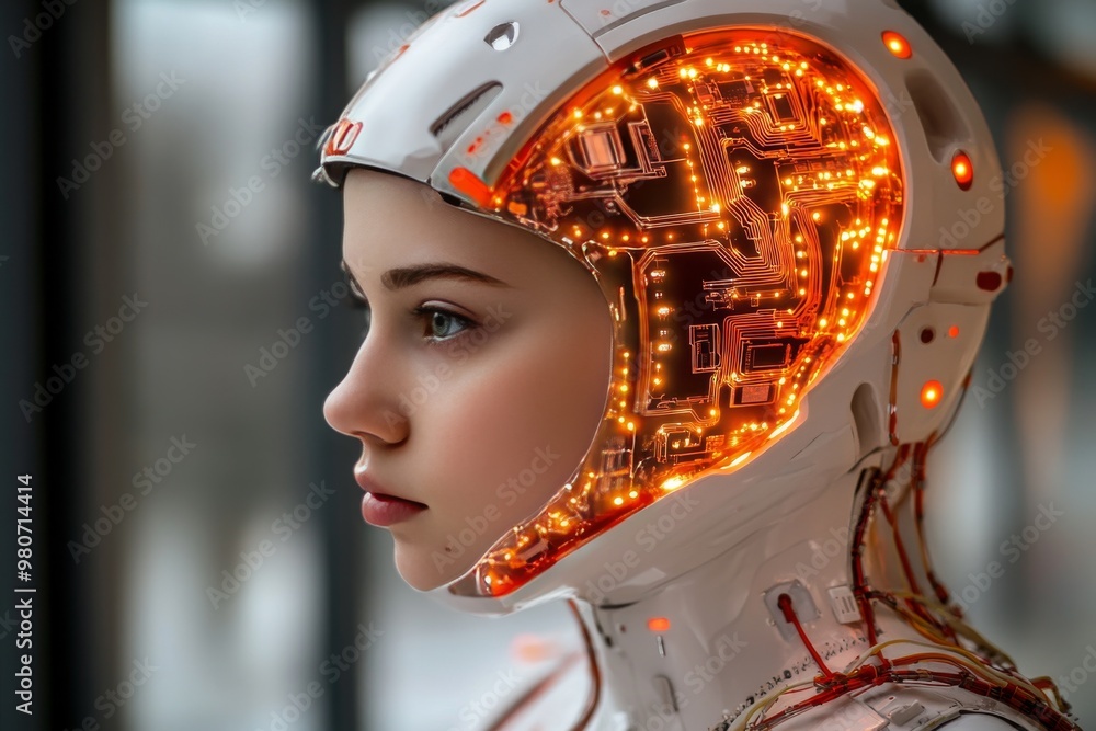 Aufkleber futuristic female humanoid with glowing orange neural circuitry representing artificial intelligence