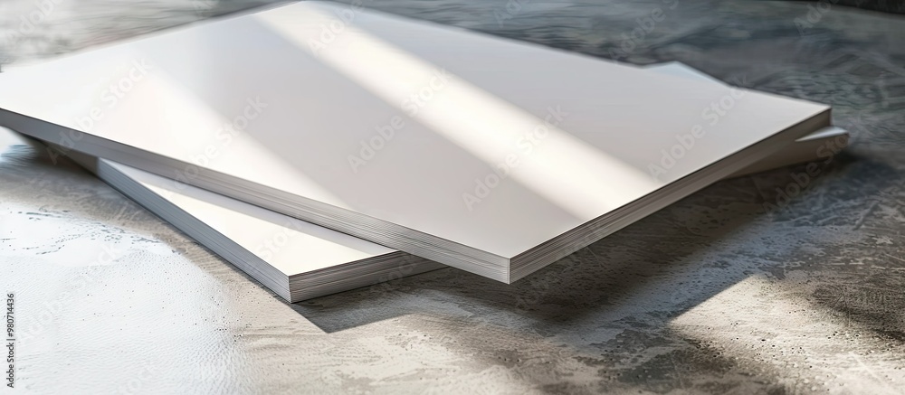 Poster close up copy space image of blank paper sheets on a textured grey table ideal for design mockups