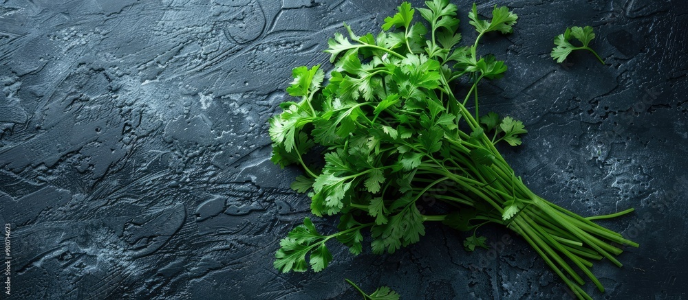 Poster top down view of vibrant fresh coriander set on a dark textured surface for a striking copy space im