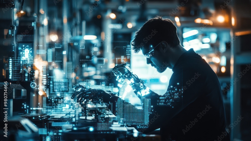 Aufkleber a technician works in a high-tech environment, analyzing data with digital overlays.