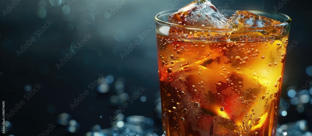 Poster cold ice tea in a glass with an ice cube on a background with copy space image