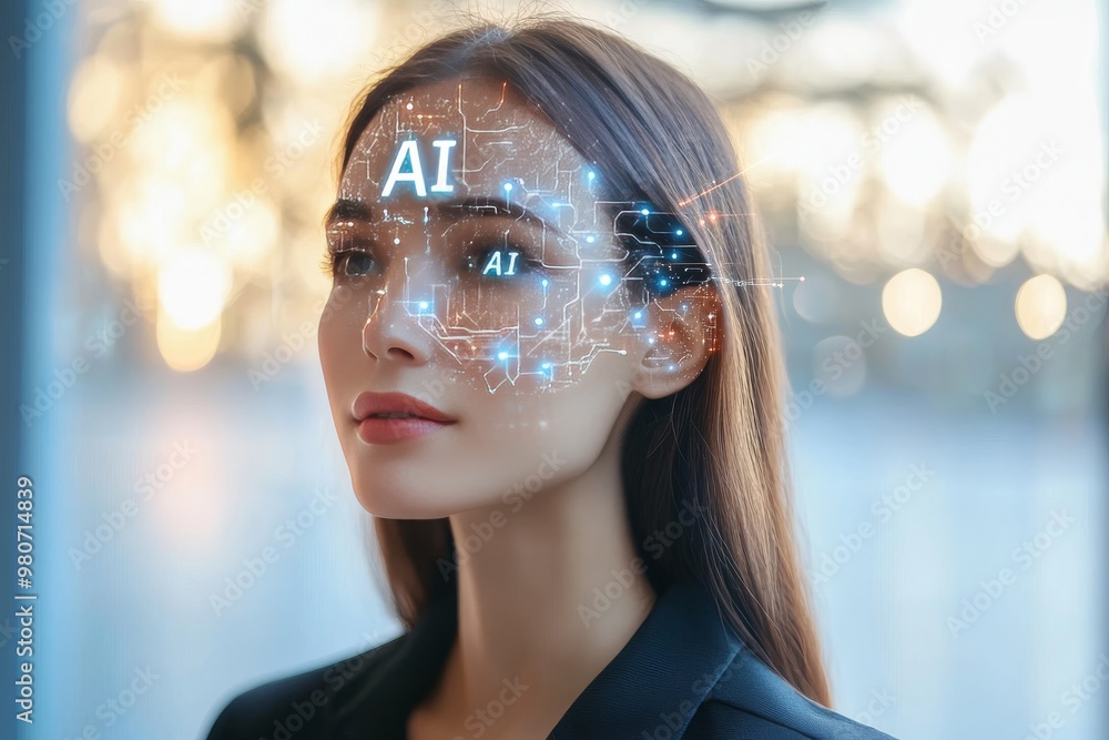 Poster woman wearing ai glasses illustrating augmented reality and neural enhancement in human computer int