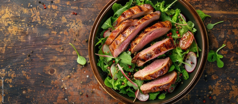 Poster top view of a fresh duck breast salad on a rustic table background with copy space image
