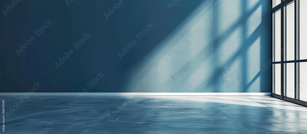Poster room with bare blue walls and empty floor with ample copy space image available