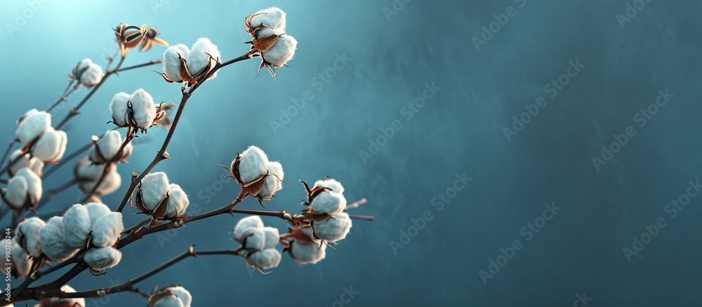 Poster web banner featuring a knitted fabric texture overlaying a cotton branch against a blue background w