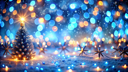 Christmas background with blue bokeh lights and christmas tree.