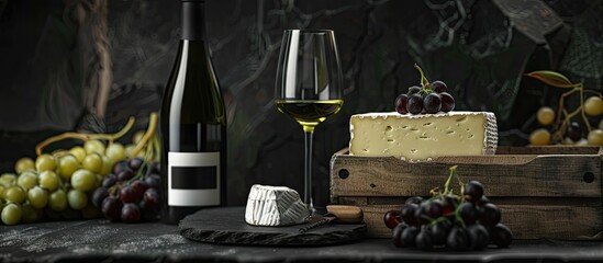 Obraz premium A box with a wine bottle a glass and Camembert cheese displayed on a black grunge background suitable for copy space image
