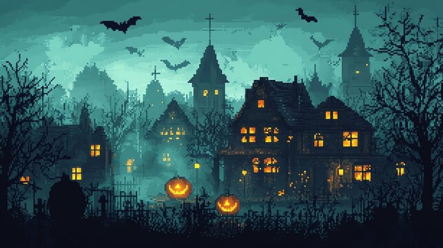 Spooky Halloween night scene with eerie pumpkins, bats, and a haunted house illuminated under a ghostly moonlight.