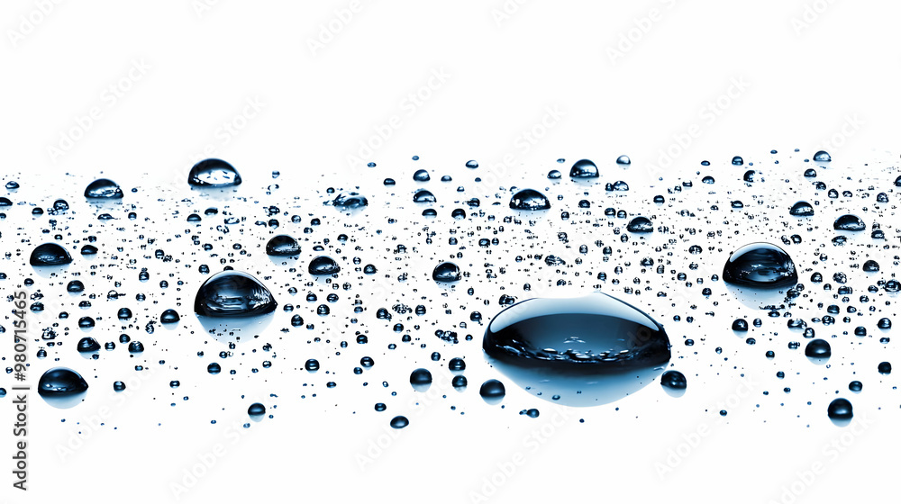 Poster close-up of water droplets on a smooth surface, creating a beautiful abstract pattern with a blue hu