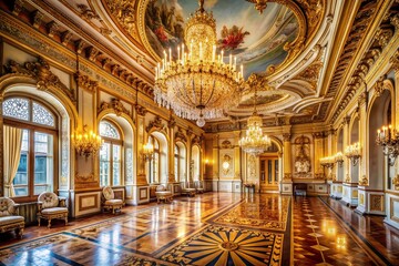 Obraz premium Opulent gold adorned palace room with lavish furnishings, intricate moldings, and majestic chandelier, evoking luxury and sophistication in a vast, sprawling space.