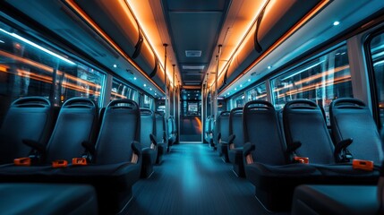 Fototapeta premium A modern bus interior with sleek seating and ambient lighting, designed for passenger comfort.