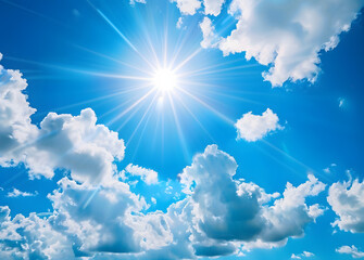 Blue Sky And White Clouds With Shining Sun Rays.