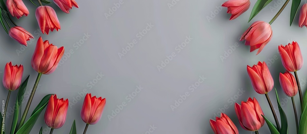 Poster top view of tulips on a gray background with space for text perfect for a copy space image showcasin