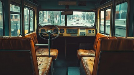 Fototapeta premium Interior view of a vintage bus with leather seats and a driver's seat.