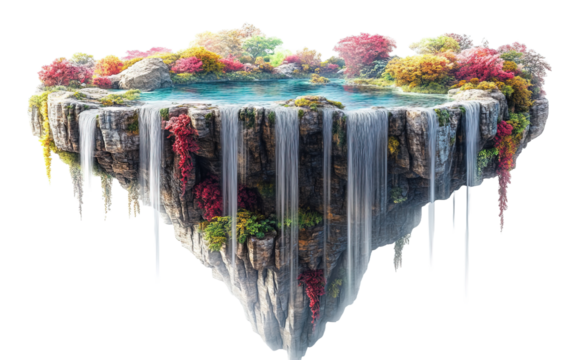 3D illustration of a floating waterfall isolated on white or transparent background - Powered by Adobe