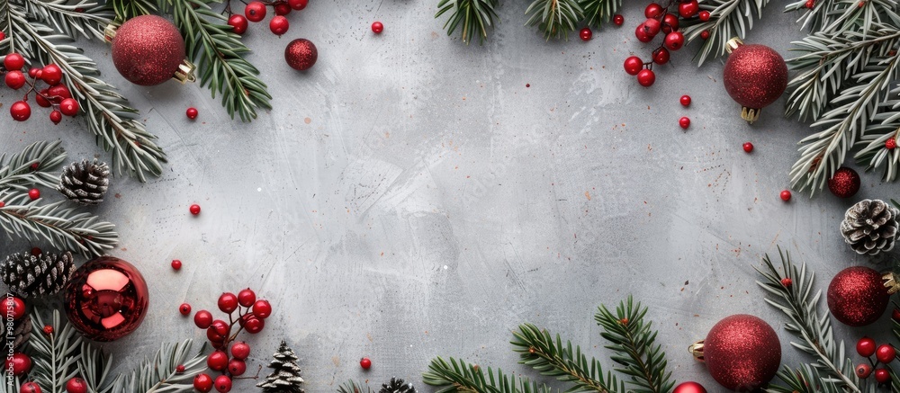 Poster a christmas card idea featuring a frame of fresh green fir branches red ornaments and berries set ag