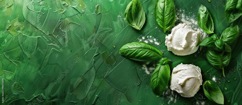 Poster top view of fresh ricotta and basil on a green surface with potential for text in the image. with co