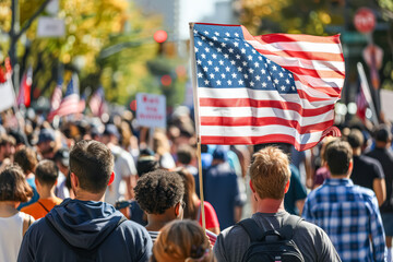A crowd of people holding American flags and a man holding a sign. Scene is patriotic and celebratory