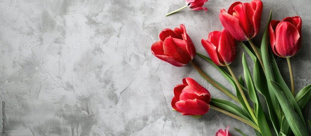 Poster top view of tulips on a gray background with space for text perfect for a copy space image showcasin