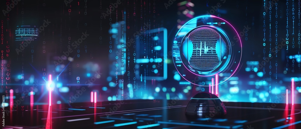Poster speech recognition, holographic command interface, futuristic tech, modern design