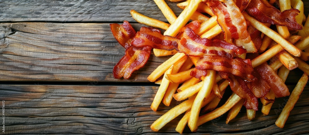 Poster flat lay of tasty french fries and bacon on a wooden surface with ample copy space for text in the i