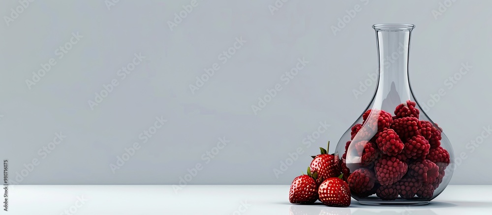 Poster a decanter filled with a delightful berry compote made from fresh ripe strawberries with a plain bac