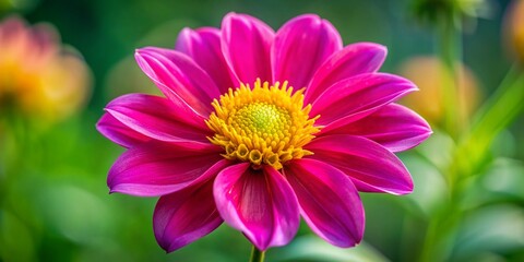 Obraz premium Vibrant pink flower with intricate, delicate petals and a yellow center, softly focusing on the flower's textured details, set against a blurred green background.