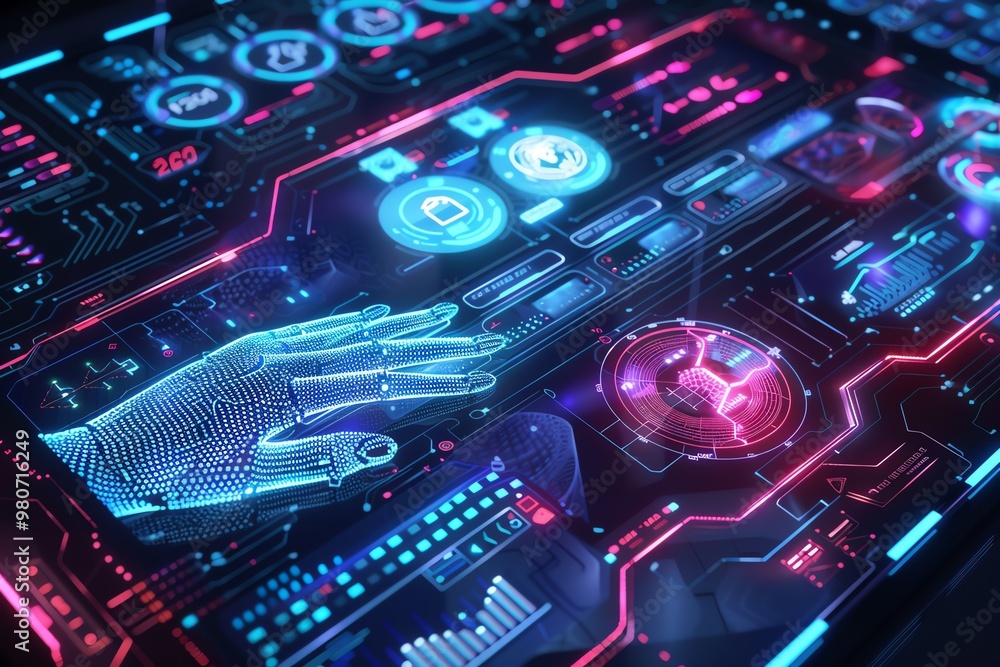 Poster nextgen input devices, advanced tech, holographic controls, futuristic design