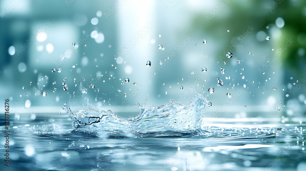 Poster Water Droplets Splashing and Creating a Crown-like Shape in a Pool of Water with a Soft Blurred Background