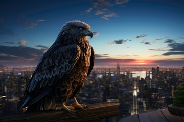 Fototapeta premium Professional Landscape Photos A majestic eagle with beautiful feathers and a dark tail, dancing flamenco on the rooftop, dazzling and colorful city views, as the sun rises and the lights twinkle below