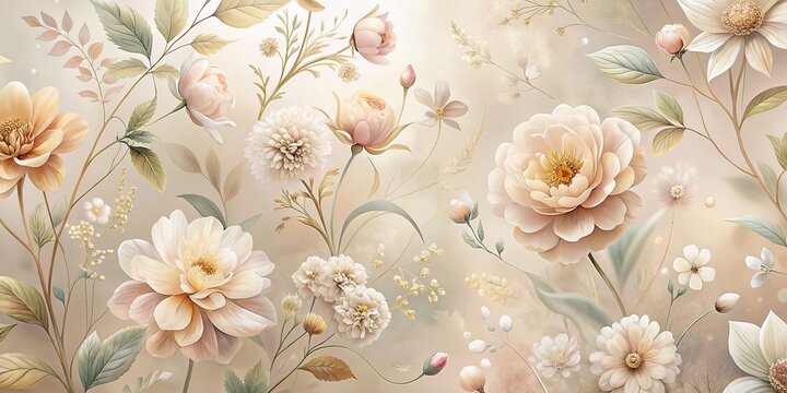 Fototapeta Delicate botanical blooms arrange themselves in soft, creamy hues on a serene background, evoking refinement and sophistication in this elegant wallpaper design.