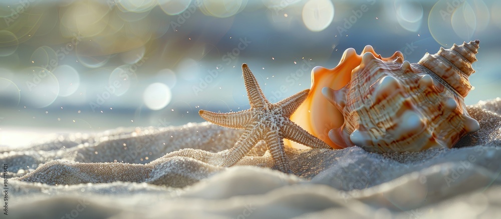 Poster on the sand rests a starfish and a large shell with an empty background ideal for a copy space image