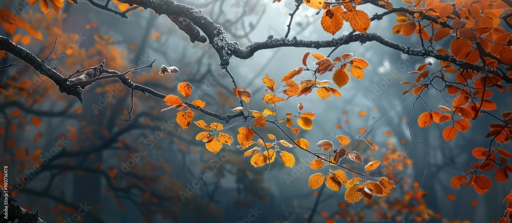 Poster autumnal leaves clinging to a tree branch in the woods with copy space image