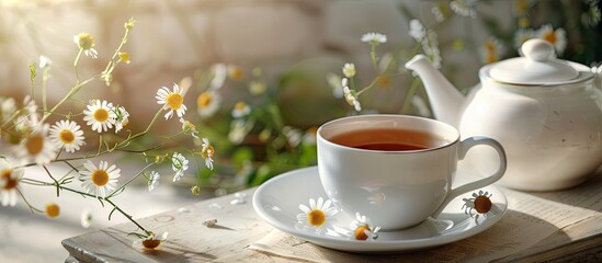 Fototapeta premium White cup holding herbal organic chamomile tea with wild summer flowers beside a teapot featuring a copy space image