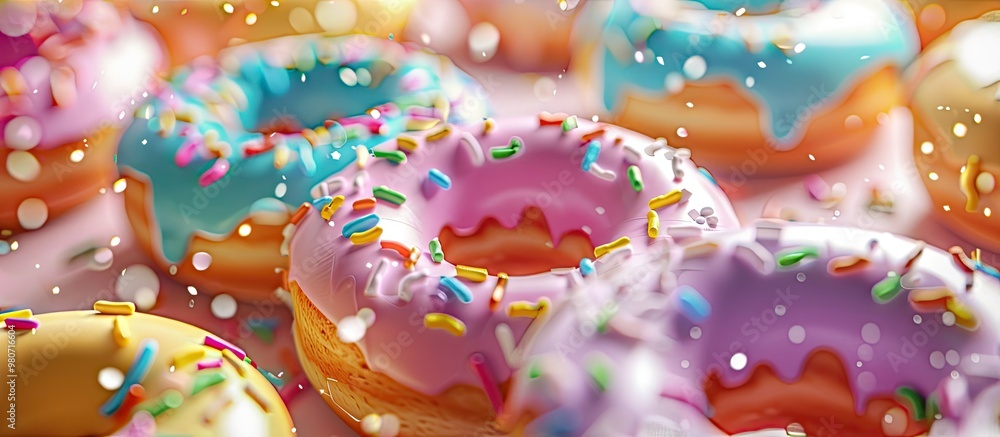 Poster colorful donut sprinkles creating a playful rainbow pattern on a sweet glaze background with small v