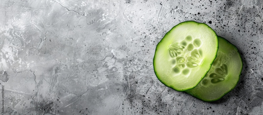 Poster cucumber slice on white cement background with copy space image