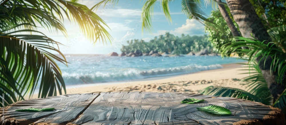 Poster tropical beach background with copy space image on an empty wooden tree stump table for products and
