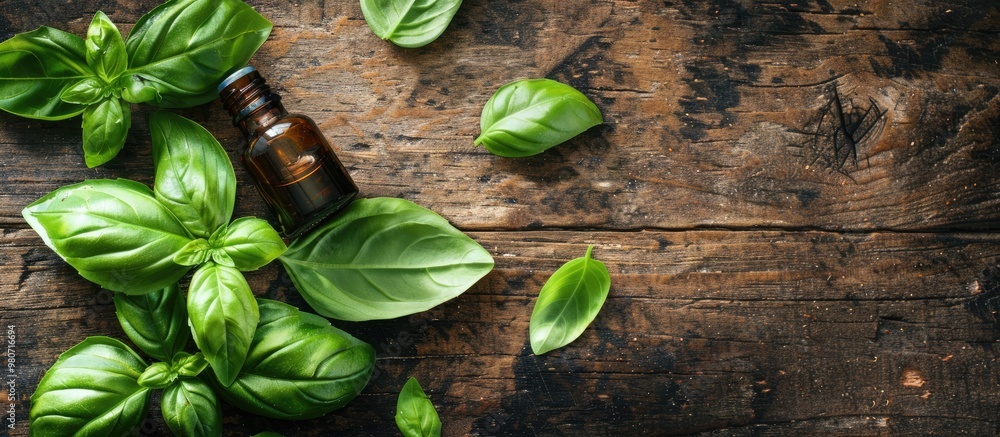 Poster basil essential oil with fresh leaves on a textured wooden backdrop ideal for aromatherapy and herba