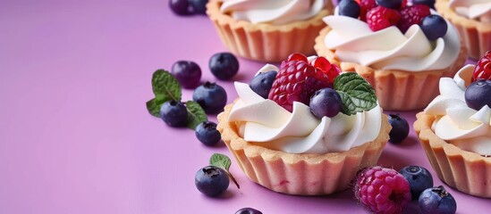 Delicious tartlets with whipped cream and berries on a lilac background with copy space image available
