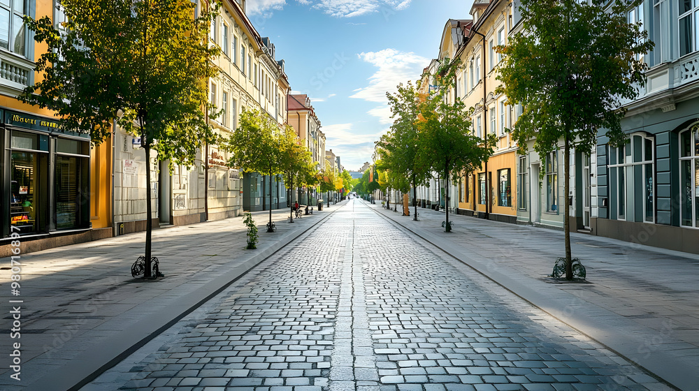 Poster a view down a cobblestone street in a european city with shops and trees on either side