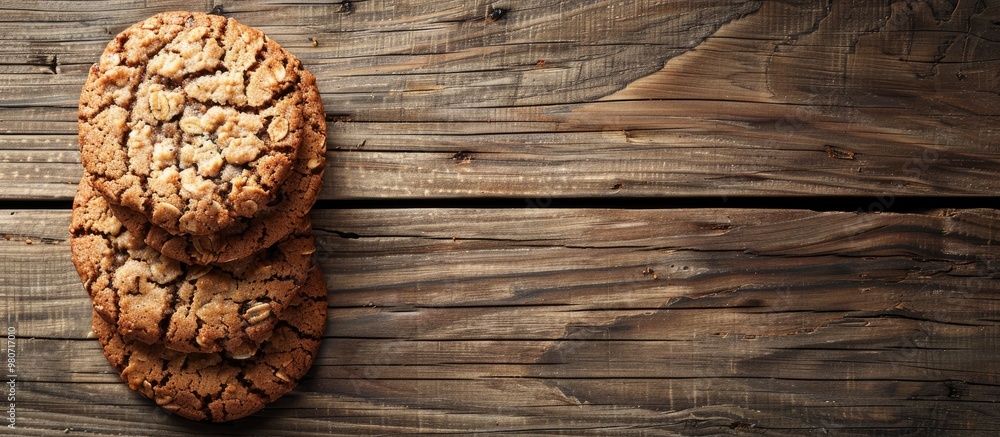 Poster top view of a stack of wholesome oatmeal cookies on a rustic wooden table with ample copy space for 