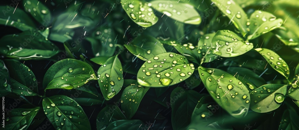 Poster moist leaves glisten in the rain creating a tranquil scene with copy space image