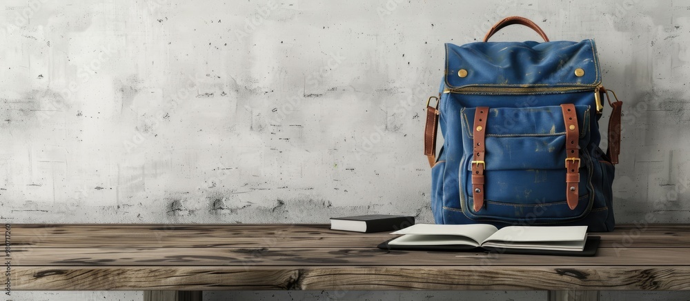 Poster backpack and notebook on table in front of white grunge wall with copy space image